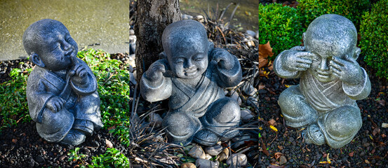 Banni&egrave;re de trois statues de moines bouddhistes sur le concept des trois singes, pas vu, pas entendu, pas dit