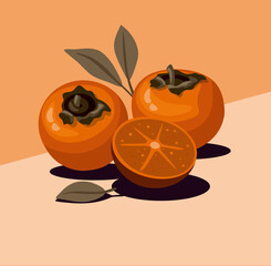 Fesh persimmon and slice with leaves. Vector