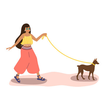 Cute girl walks her dog.A girl and her little dog are walking on the street. Vector flat cartoon illustration