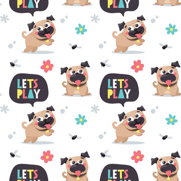 Seamless cute dog pattern with dogs, pugs, pet, puppy, paw, flowers, lets play