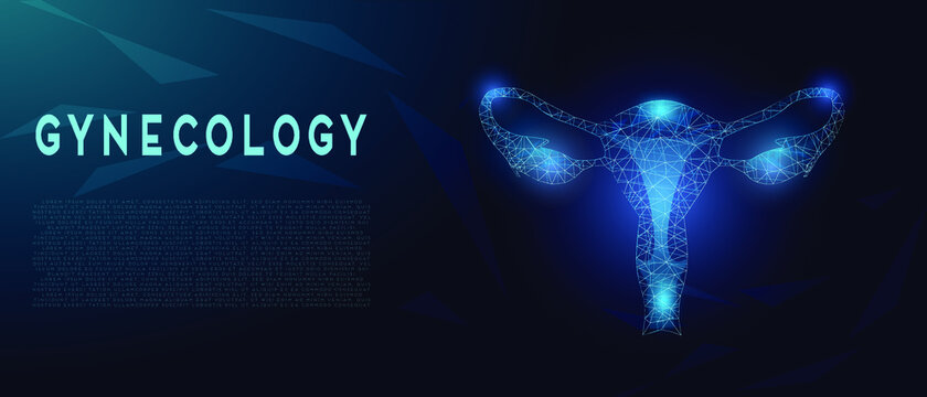 Female reproductive system, uterus organ, isolated on dark blue background. Obstetrics and Gynecology concept. Abstract low poly wireframe style. Stock vector illustration.