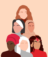 Portrait of different nationalities and cultures woman. Girls standing together. Each for equal, Womens friendship, solidarity, sisterhood. Horizontal poster of the International Womens Day. Eps 10