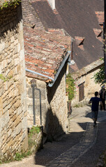 Typical French townscape with ancient housest and cobblestone street in the traditional town Beynac-et-Cazenac, France