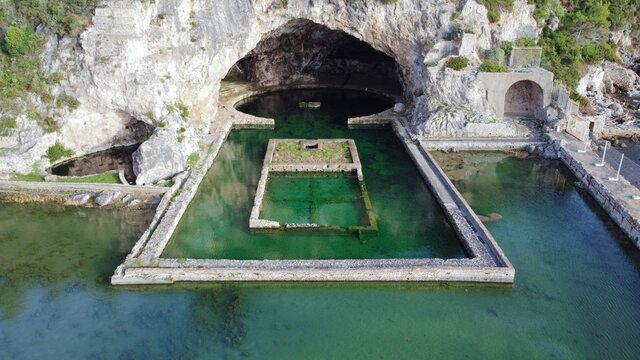 Ancient Roman Ruins in Italy, Sperlonga , Grotta di Tiberio. Old Roman SPA for beauty in Italian, this are the ruins of the ancient site on which Imperator Tiberio spent the relax time. Aeral view arc