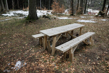 Wooden table and benches in the middle of a Romanian forest during a cold and rainy winter day.