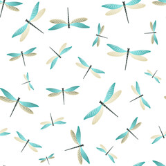 Dragonfly flat seamless pattern. Repeating dress fabric print with flying adder insects. Graphic