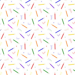 Funny seamless pattern of colored Pencils and creative elements on white background. Abstract pattern with Pencils. Back to school background. Bright Vector illustration in cartoon style