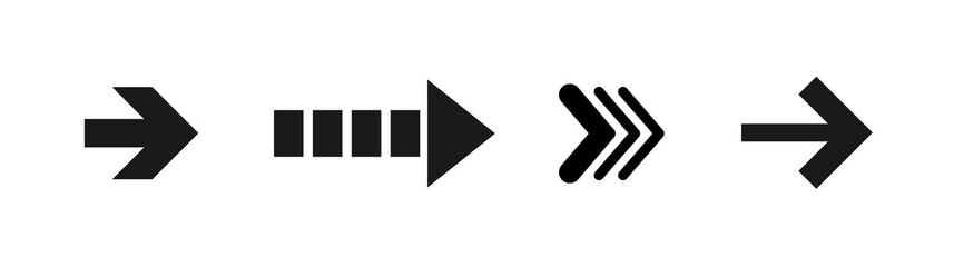 black right arrows set. Flat icon isolated on white. Continue icon.