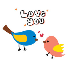 happy valentine day card with two lovely bird. simple vector for kids, celebration cards and invitation