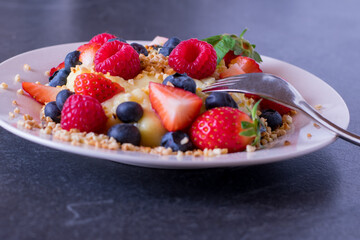 Protein pudding with berries on a plate