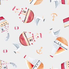 Cute baby background. Watercolor seamless pattern with ships, anchors and seagulls. Perfect for kids fabric, textile, nursery wallpaper.