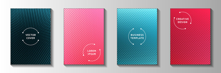 Trendy point screen tone gradation cover templates vector collection. Digital brochure faded screen