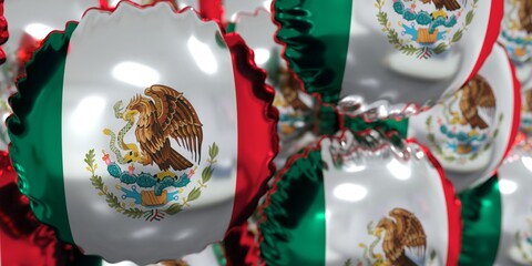 Flag of Mexico on foil balloons. National holiday concept. 3D rendering