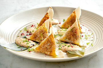 Fried dumplings or Japanese Gyoza in yellow sauce, cherry tomatoes and green peas, served in a white plate on a marble background. Pan-Asian cuisine. Restaurant food