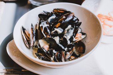 Gourmet mussel in cream sauce and french fries in white plate.