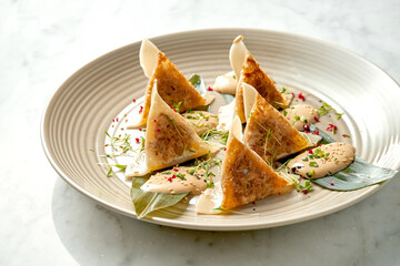 Fried dumplings or Japanese Gyoza in yellow sauce, cherry tomatoes and green peas, served in a white plate on a marble background. Pan-Asian cuisine. Restaurant food