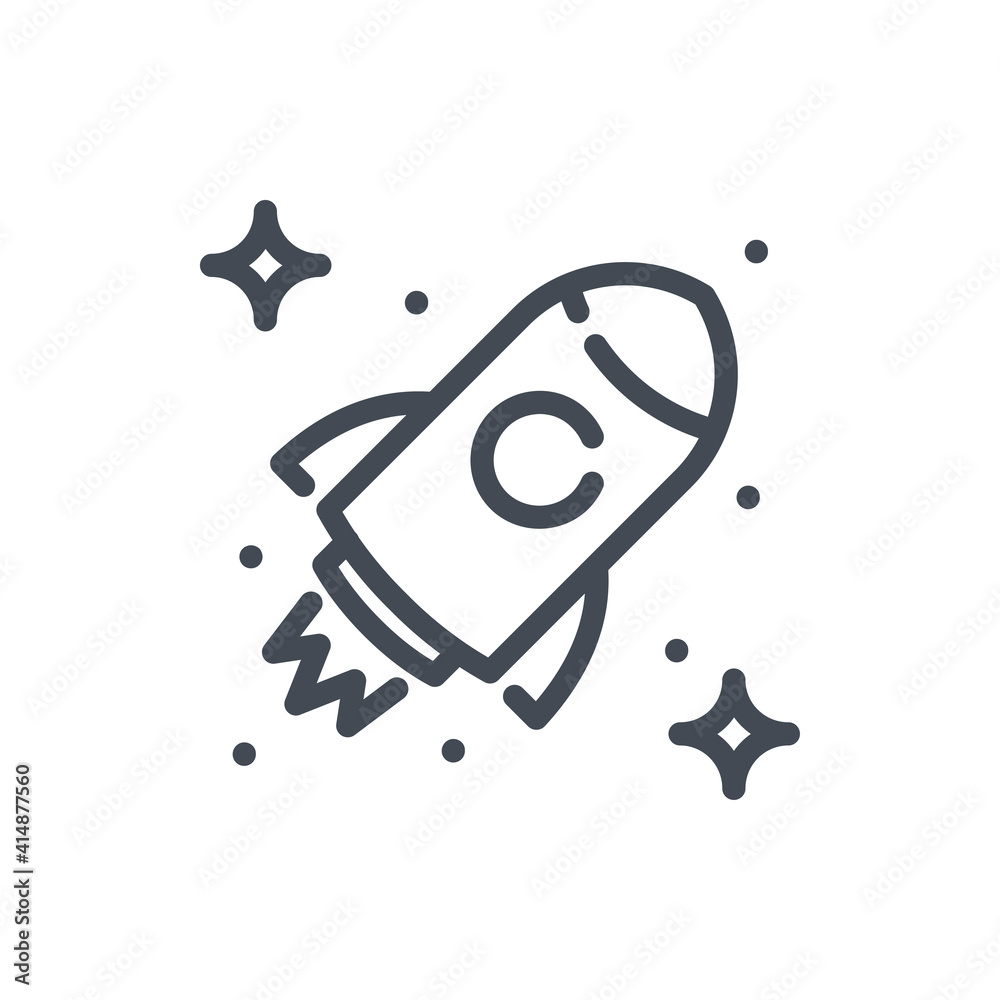 Poster rocket in space line icon. spaceship and startup launch vector outline sign.