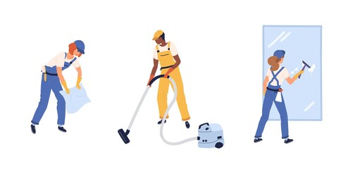 Fototapeta na wymiar Set of professional workers of cleaning service. Male and female house cleaners in uniform scrubbing window, vacuuming and washing floor. Colored flat vector illustration isolated on white background