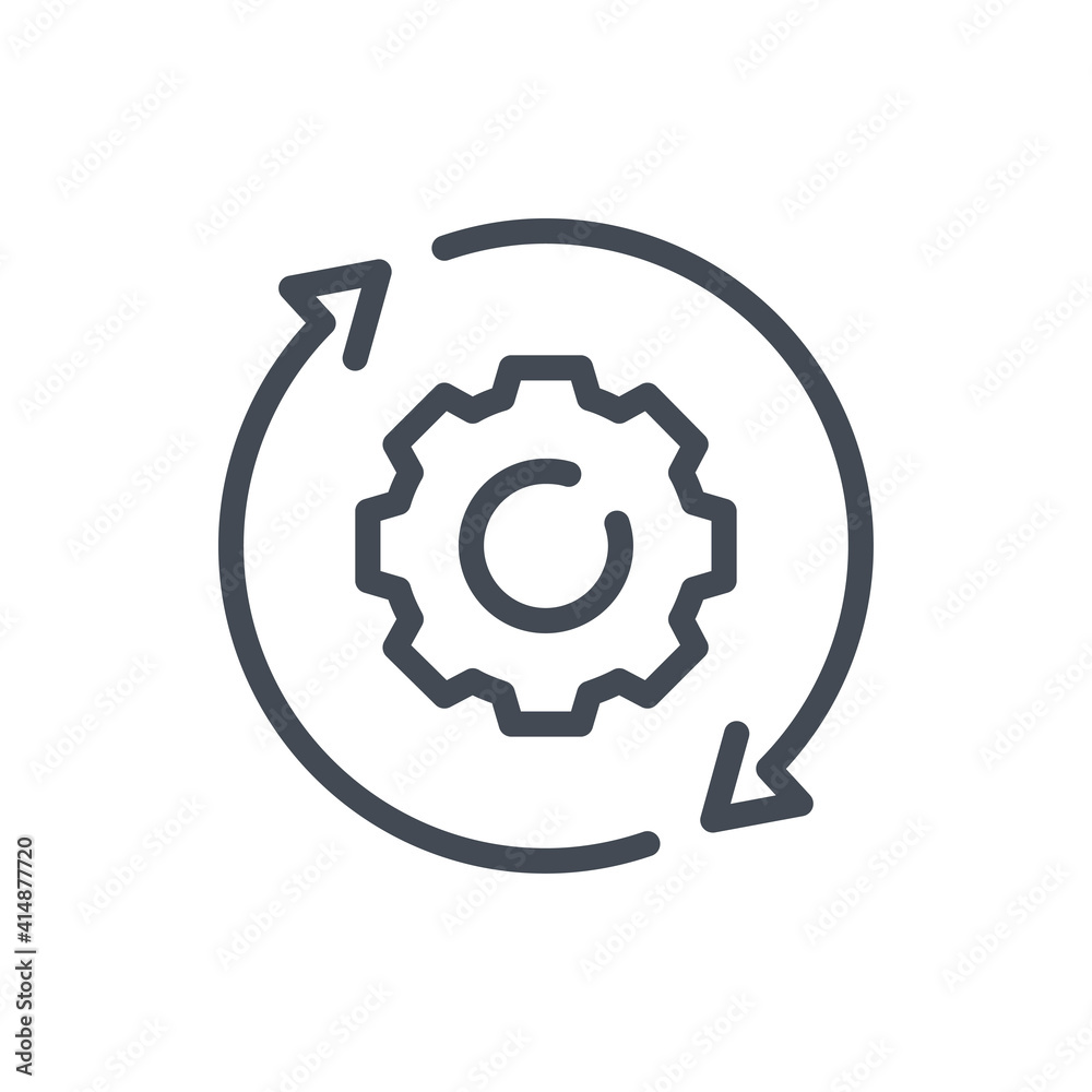 Poster working process, operations and workflow line icon. gear with rotating arrows vector outline sign.