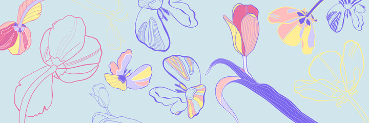 Spring banner with tulips. Flowers on a blue background. Floral background.