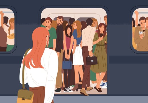 Subway car crowded with people in rush hour. Woman failed to enter last carriage of departing train and standing on platform. Overcrowded underground or metro. Colored flat vector illustration