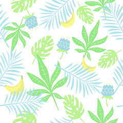 Seamless pattern with tropical leaves and flowers. Creative vector texture. Great for fabric, textile, scrubbing, wallpaper and wrapping 