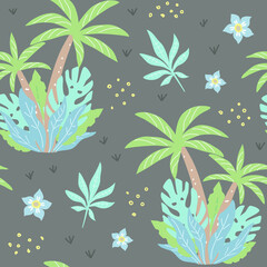 Fototapeta na wymiar Seamless pattern with tropical palms. Childish cartoon texture. Great for baby product design