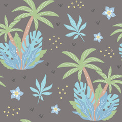 Fototapeta na wymiar Seamless pattern with tropical palms. Childish cartoon texture. Great for baby product design
