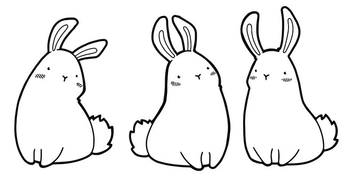 Set of cute rabbits. Cartoon characters. Outline. Coloring page. 