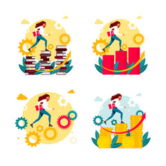 woman climbs the career ladder. up the gear mechanism. girl climbs a stack of coins and money, the concept of education, career, the concept of getting a big salary. reading success