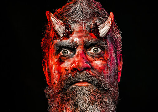 Halloween, blood on face. Devil horror concept. Demon with bloody horns on head. Man evil on black background close up.