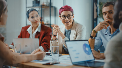 Office Meeting in Conference Room: Beautiful Specialist with Short Pink Hair Talks about Firm...