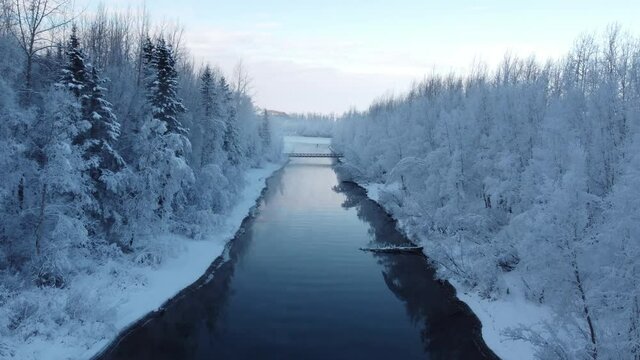 4k aerial footage of the Eklutna Tailrace.  Palmer, Alaska, Winter 201