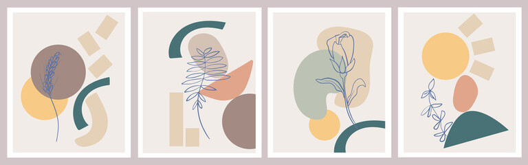 A set of creative posters. Modern abstract background in pastel colors. Minimal geometric shapes, botanical plant and flower elements, line art. Designs for social media marketing, stylish prints