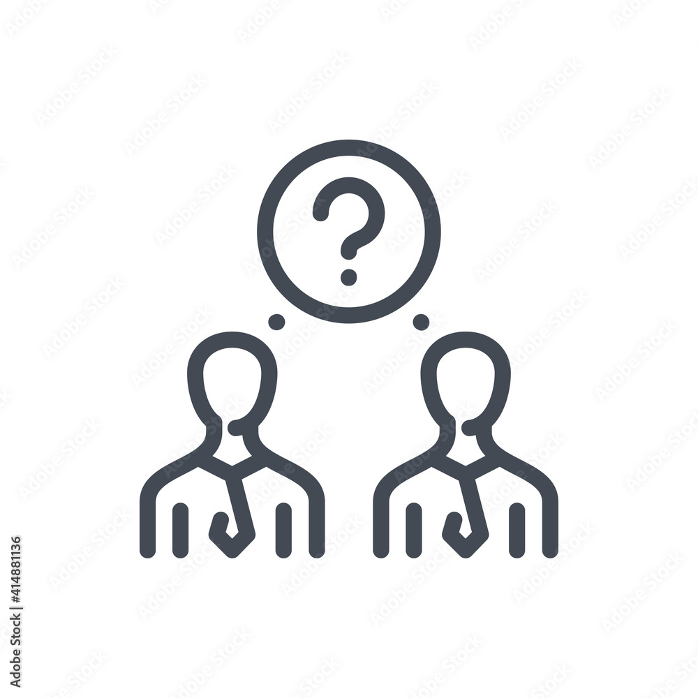 Poster people with question mark line icon. multiple question and solution to the problem vector outline si