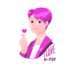 K-pop guy. Sticker I love K-pop. Vector illustration.