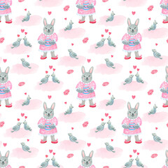 Watercolor seamless pattern. Cute little girl rabbit with an Easter egg and pink clouds. She is wearing a nice dress with ruffles. Lovely birds. Great for fabrics, wrapping papers, covers.
