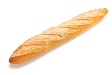 Freshly baked and crispy french bread stick. Isolated on white background Side view.