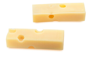 Portions (strips) of Emmental Swiss cheese. Texture of holes and alveoli. Isolated on white...