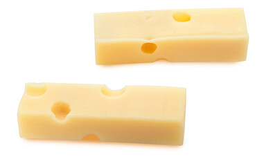 Portions (strips) of Emmental Swiss cheese. Texture of holes and alveoli. Isolated on white background