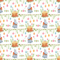 Watercolor spring seamless pattern. Cute rabbits or bunnies, cakes, garland with hanging colorful eggs and  flowers. Great for fabrics, wrapping papers, covers. Easter design.