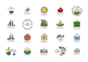Nowruz, holiday of arrival of spring. Holiday symbols, people, food, customs and traditions. Icons set for your design