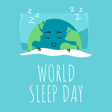 World Sleep Day postcard or banner. Vector illustration of a cute planet Earth sleeping under a blanket on an international holiday