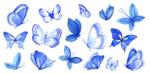 Watercolor colorful butterflies isolated on white background. Bl
