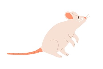 Cute white mouse standing on back paws and sniffing. Rat with long tail and little ears. Childish animal character. Colored flat vector illustration isolated on white background