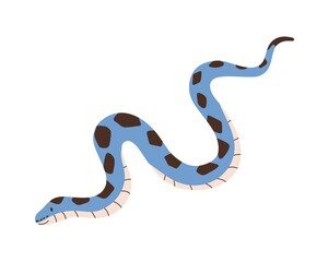 Naklejka premium Cute crawling snake isolated on white background. Funny kids reptile character. Smiling blue-colored python with black spots. Childish colorful flat vector illustration