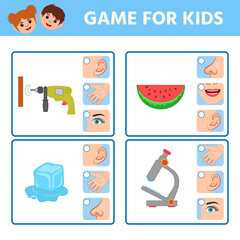 Game for children to develop logic. Five senses illustrations. Sight, hear, smell, taste, touch. Match of sense organs and objects.Activity for pre sсhool years kids and toddlers.