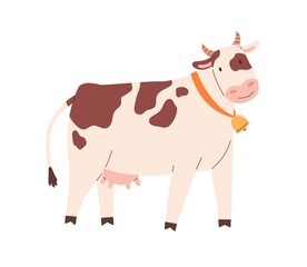 Funny spotty cow with bell on neck. Farm milk animal with udder. Childish flat vector illustration isolated on white background