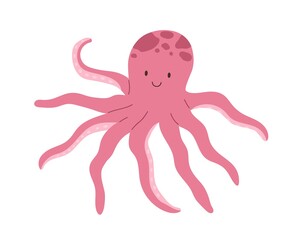 Cute smiling octopus isolated on white background. Funny underwater pink animal with eight tentacles. Childish character. Colored flat cartoon vector illustration