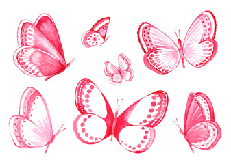 Watercolor set of pink butterflies for invitations, design and p